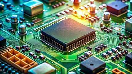 Obraz premium Emerald and Gray Electronic Components: Close-up of Chip Design with Copy Space