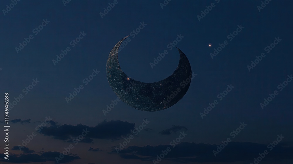 Poster a crescent moon with a visible surface hangs in the twilight sky. ideal for fantasy, sci-fi, or surr