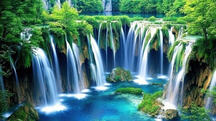 A serene waterfall surrounded by lush greenery and clear waters.