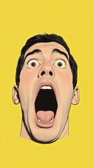 A pop art style comic book panel featuring a man with a terrified expression against a bright yellow background.
