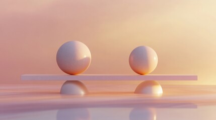 Two spheres of different sizes balancing on a seesaw, with a smooth, gradient background.