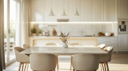 Dining room interior with minimal table decoration, AI generated image