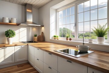 Modern White Kitchen with Wooden Countertop and Induction Cooktop - Stock Photo