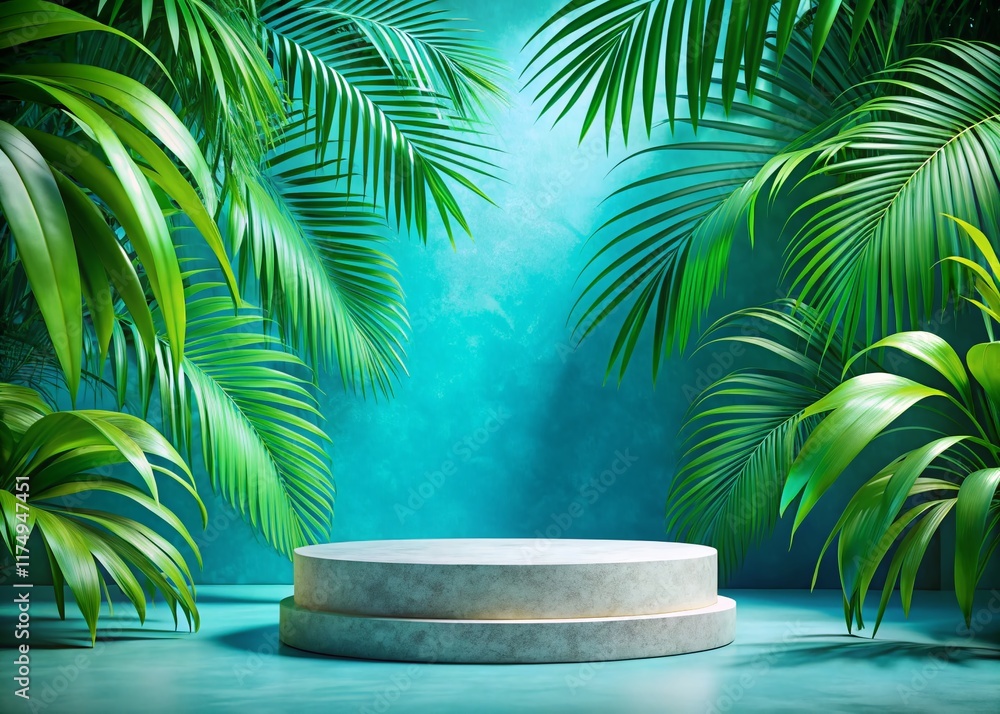 Poster empty stone podium with palm leaves on blue abstract background - 3d product display template