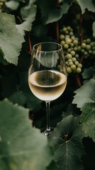 A glass of white wine is elegantly placed among lush green grape leaves and grapes in a serene outdoor setting.