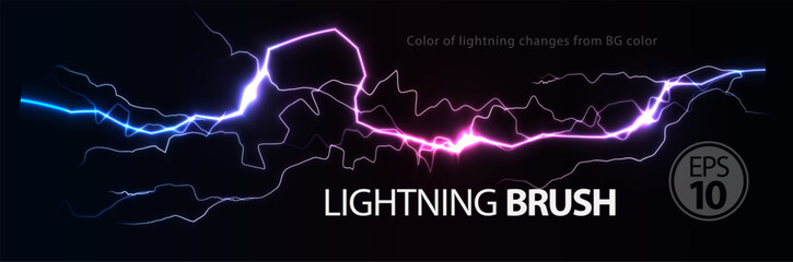 Dynamic lightning bolt with glowing purple and blue neon effects on a dark background. Electric energy concept for tech, design, or futuristic themes. Vector illustration © artyway