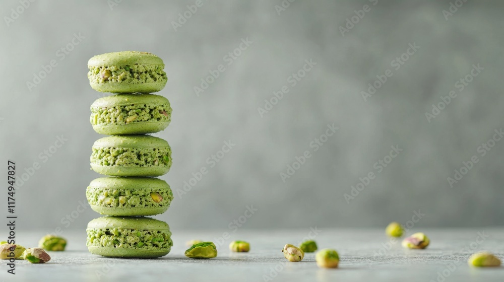 Poster a close-up of green pistachio macarons, stacked in a neat tower on a light grey background, with a f