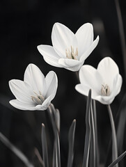 Fototapeta premium Close up of three white flowers with a black background. The flowers are in a field and are surrounded by grass