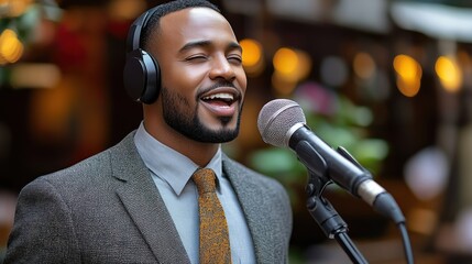 A man in a suit sings into a microphone, wearing headphones, in a lively setting.