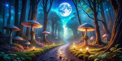 Enchanted Forest Path: Glowing Mushrooms & Full Moon - Magical Night Scene Stock Photo
