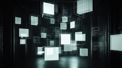 A dark room filled with floating, translucent cubes, suggesting a digital or virtual space.