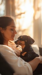 Serene woman embracing dachshund in warm sunlight by the window