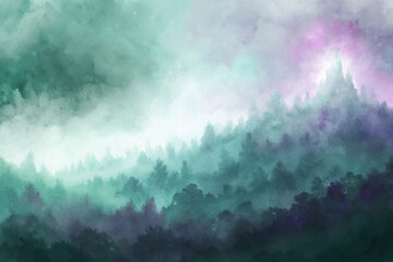 Ethereal forest landscape, soft misty atmosphere, vibrant green hues, tranquil nature scene, artistic watercolor style.