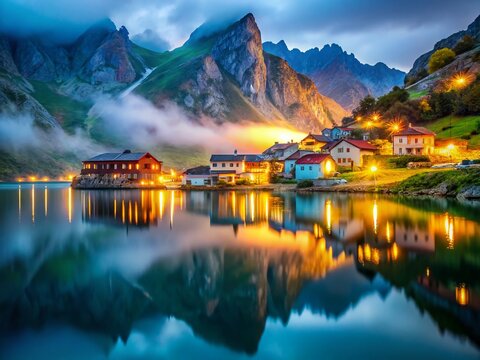 Enchanting Low Light Landscape: Teito Village, Somiedo Lakes, Asturias, Spain