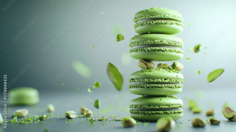 Poster a close-up of green pistachio macarons, stacked in a neat tower on a light grey background, with a f