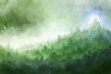 Soft green landscape, misty forest background, watercolor style, serene nature scene, calming atmosphere, artistic illustration.