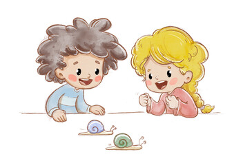 Adorable kids cheering on snails in a fun snail race