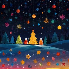 Naklejka premium Winter Night's Festive Scene: Magical Christmas Trees, Ornaments, and Snowflakes