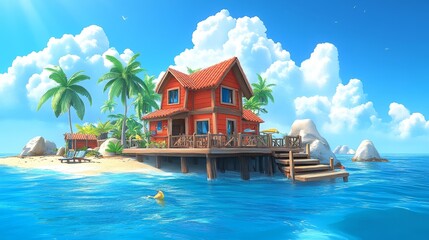 Obraz premium Idyllic Tropical Island House with Palm Trees and Sunny Sky