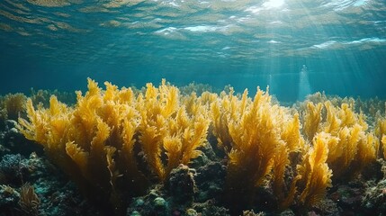 Underwater scene featuring vibrant seaweed and sunlight filtering through water.
