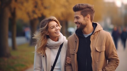 Fototapeta premium young couple in love go for a walk in the park