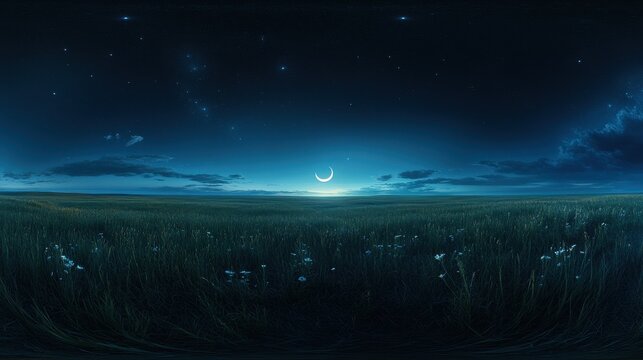 A serene 360&deg; nightscape with a crescent moon over a field of wildflowers. Perfect for VR meditation and relaxation apps or as a calming skybox in games.
