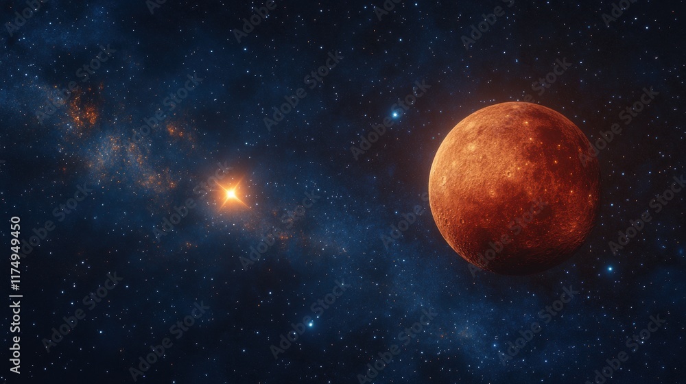 Poster a rust-colored planet looms large against a backdrop of distant stars and a nebula. ideal for space 