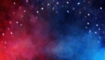 Obraz premium Patriotic USA flag inspired abstract background with red and blue smoky hues and scattered white stars for designs and celebrations