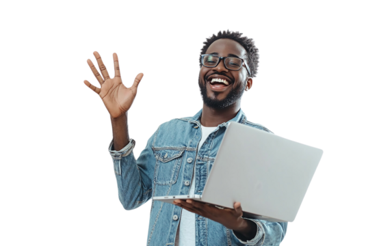 Happy man in a denim shirt holding a laptop in one hand and waving with the other, displaying a cheerful expression, set against a plain white background.

 - Powered by Adobe
