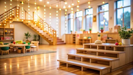 Obraz premium Montessori Kindergarten Light Class, Bokeh Background, Brown Wooden Stairs