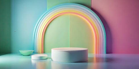 Dreamy pastel backdrop: 3D podium with rainbow semicircle, perfect for minimalist product display.