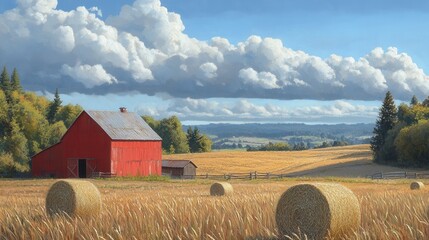 A serene farm scene with a red barn hay bales and golden fields under a cloudy sky. Ideal for nature lovers and rustic settings.