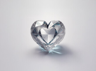 Fototapeta premium A sparkling, faceted heart-shaped diamond rests on a pristine white surface, its facets catching the light. The gem's clarity and brilliance are emphasized by the simple background.