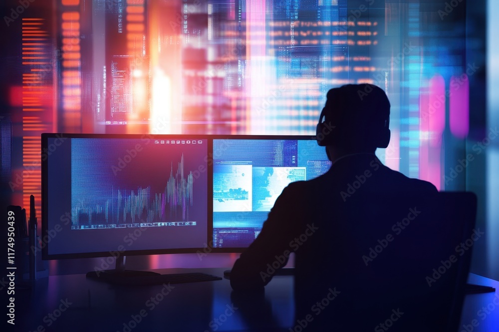 Poster data analyst working late on multiple screens in a modern office environment
