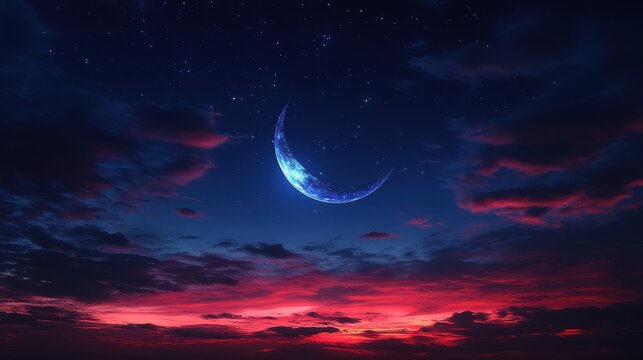 A vibrant crescent moon glows against a backdrop of red and purple clouds and a starry night sky. Ideal for desktop or phone backgrounds and social media posts. - Powered by Adobe