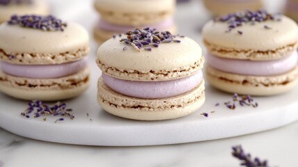 Fototapeta premium A close-up of lavender-flavored macarons, neatly arranged on a white marble plate, with dried lavender flowers scattered around for a soft, aromatic feel.