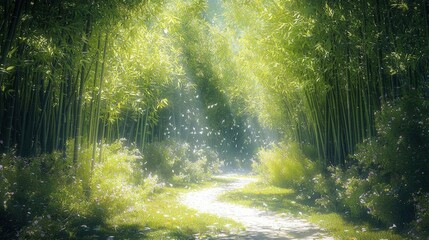 Obraz premium Winding path through enchanting bamboo grove illuminated by dappled sunlight