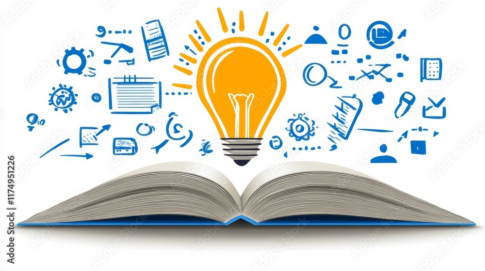 Poster illuminated ideas a bright light of knowledge emerging from an open book