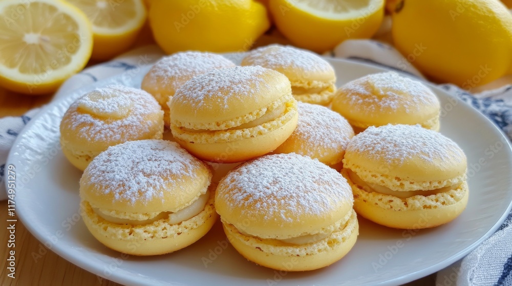 Poster a close-up of lemon-flavored macarons with a light dusting of powdered sugar, placed on a white plat