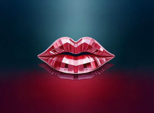 A pair of ruby red lips, rendered in a striking, faceted, geometric style, reflect on a dark, glossy surface.  The image evokes a sense of luxury and mystery.