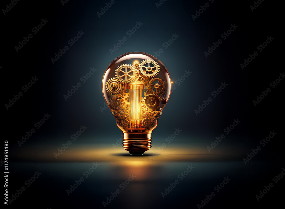 Poster a glowing lightbulb filled with intricate gears and cogs, symbolizing innovation and ingenious mecha