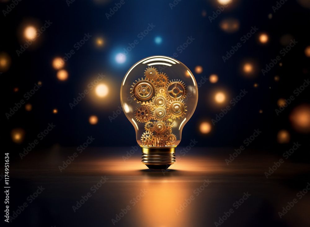 Poster a lightbulb filled with intricate gears glows brightly against a dark background speckled with bokeh
