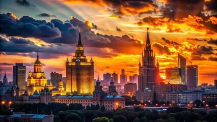 Moscow Skyline Silhouette at Sunset - Dramatic Cityscape Photography