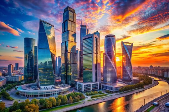 Moscow Cityscape: Federation Tower & Modern Skyscrapers at Sunset - Panoramic View
