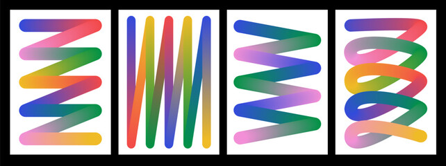 Set of gradient neon line on white background. Curve abstract stroke. Set of flier with Colorful Wavy Swirl Ribbons.