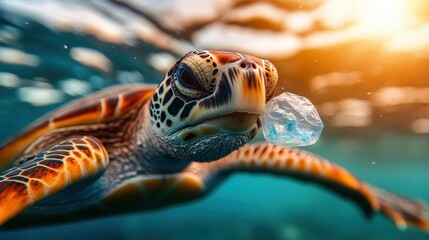 A vibrant sea turtle swimming gracefully, accidentally encountering a piece of plastic waste amid breathtaking ocean surroundings. A stark reminder of ocean pollution issues.