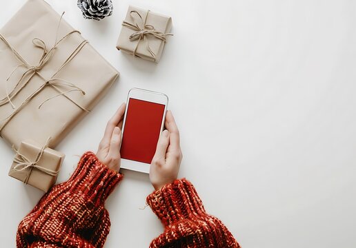 Cozy Scene with Hands Holding Mobile Phone and Holiday Gifts - Powered by Adobe