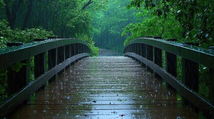 Obraz premium Rainy Day Wooden Bridge Through Forest