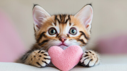 cute kitten holding heart shaped toy, expressing joy and affection