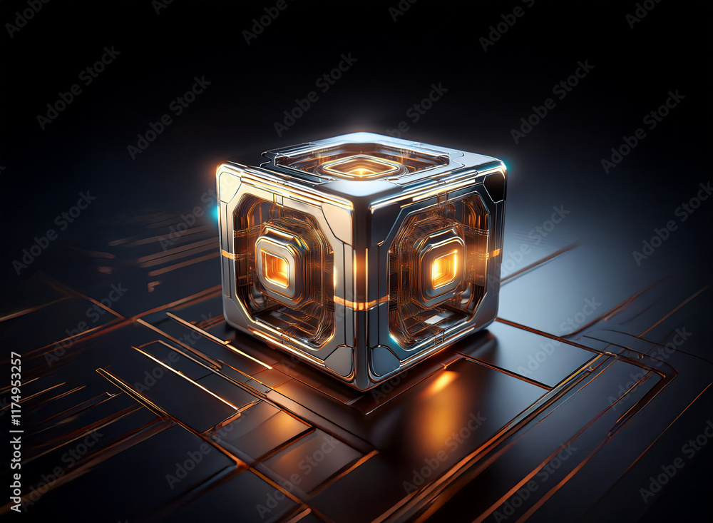 Poster a gleaming chrome cube, internally illuminated with warm orange light, rests on a dark metallic surf